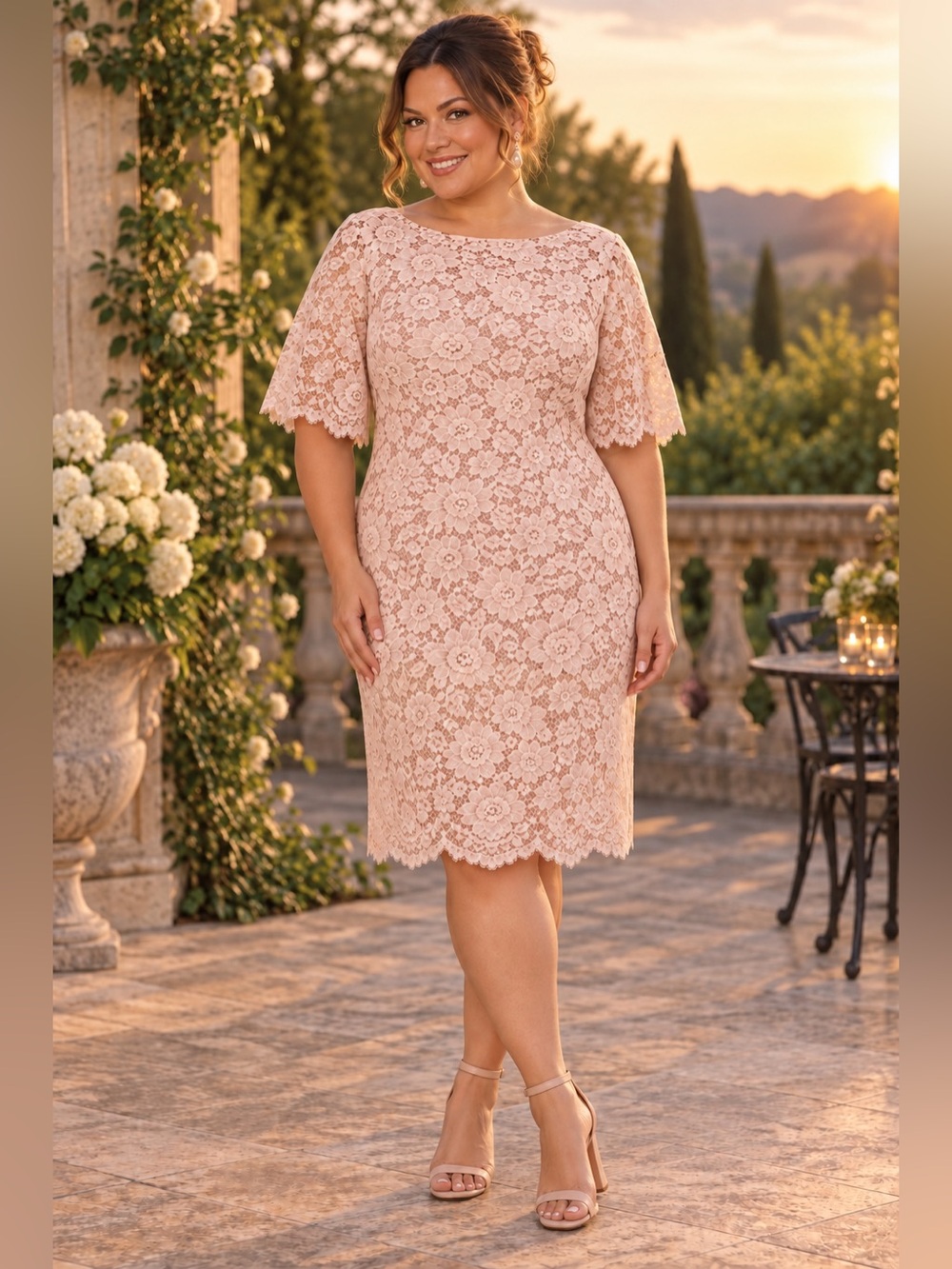 Belle Sky Pink Floral Lace Short Sleeve Dress Plus Size 2X With Black Back Bow